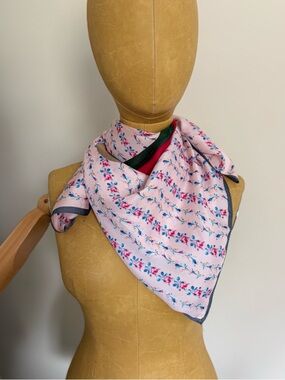 Floral Pink Silk Scarf with Green & Red Accent